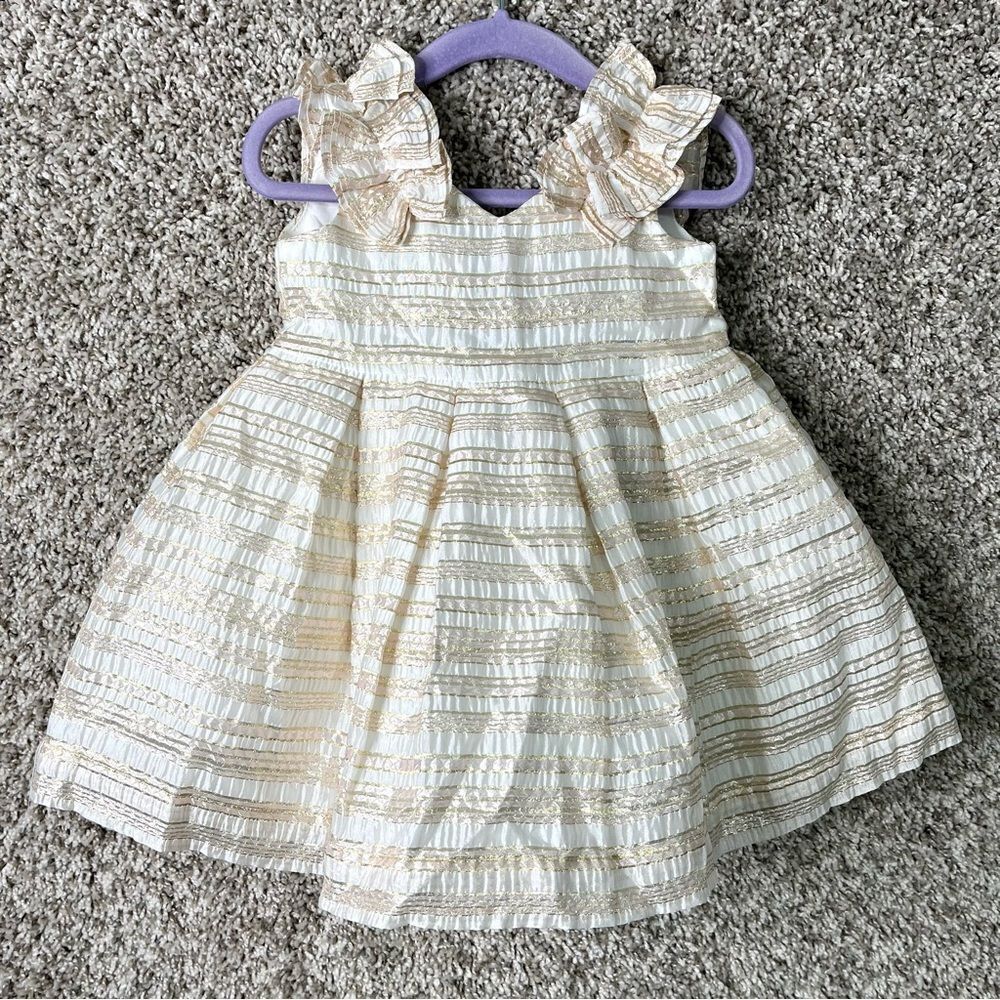 Janie and Jack Dress Baby Girls 6-12M White/Pink/Gold Striped Ruffled Sleeve NWT